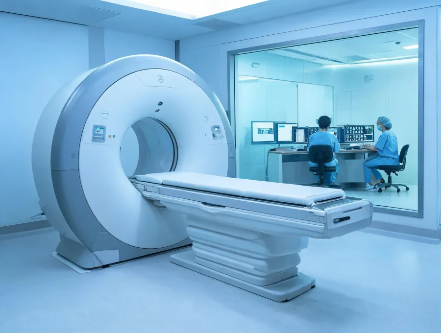 MRI suite with technologist at console